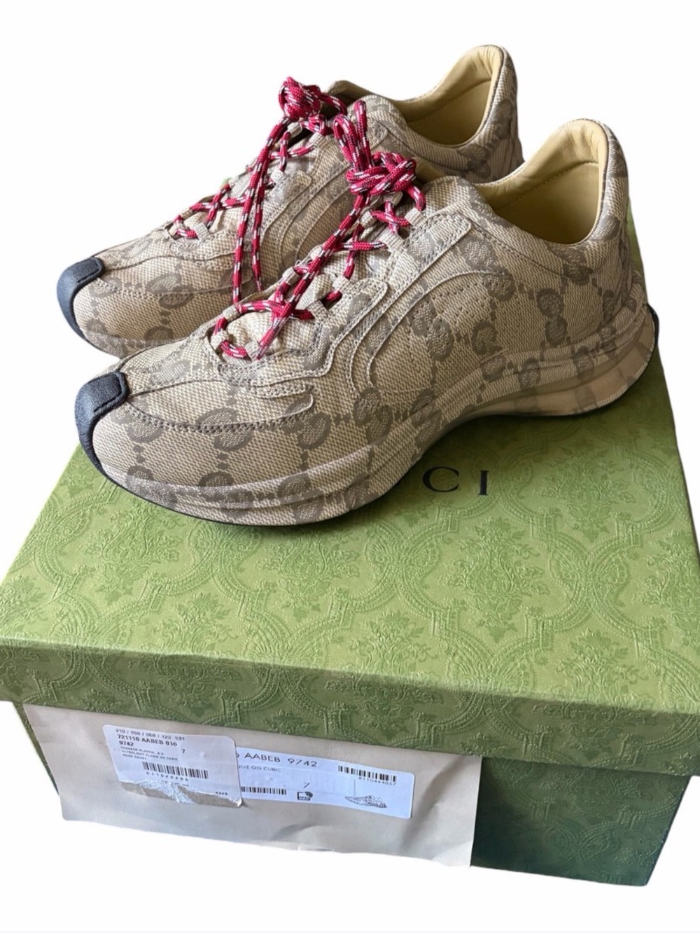 Gucci Beige Monogram Sneakers with Red Laces size 7